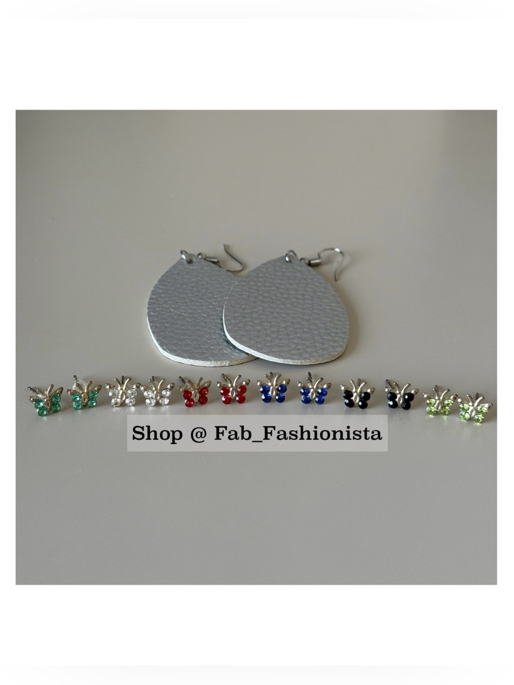 Silver Teardrop Leatherette Earrings with Assorted Butterfly Studs